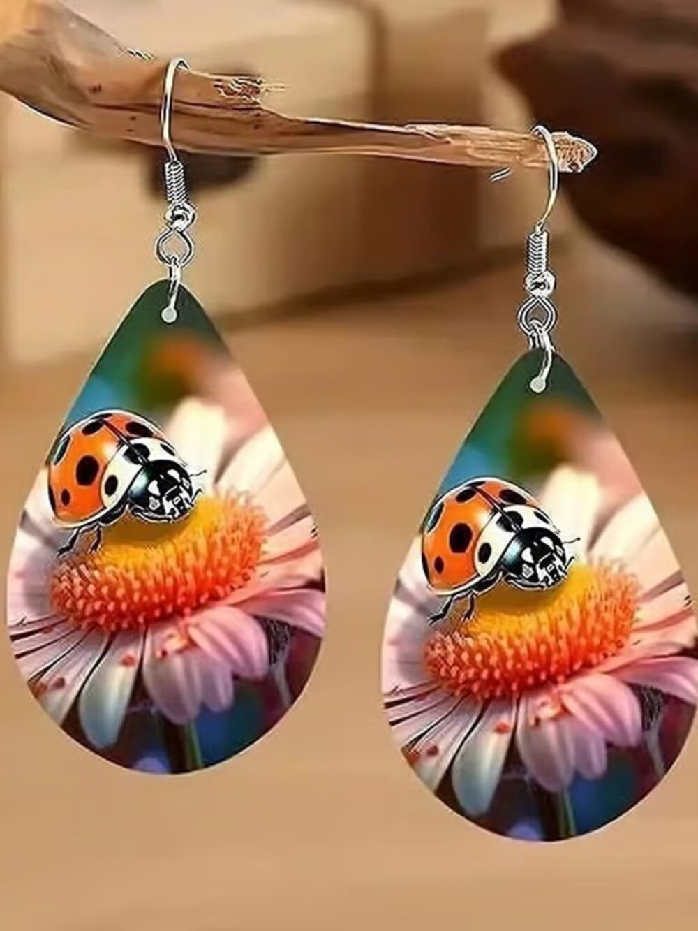 Wooden LADYBUG Dangle Earrings